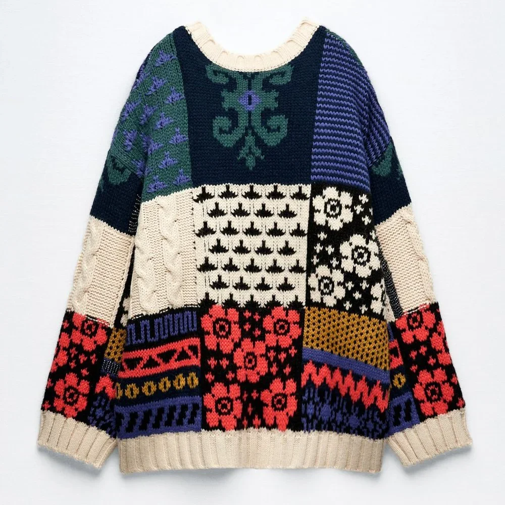 NEW Zara Patchwork Wool Blend Beaded Applique Oversize Limited Edition Sweater M - Picture 8 of 16